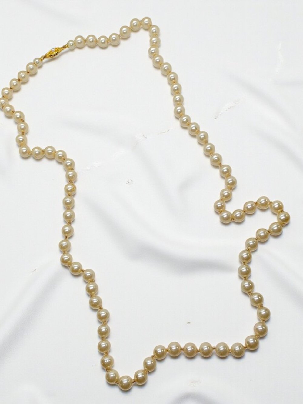 Long Vintage Ivory White Glass Pearl Necklace - 31 Inches